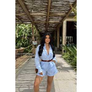 Mono azul para mujer con detalles de bolsillos, cintura alta, corte holgado y estampado deportivo, estilo bodycon de verano - Product Image 5