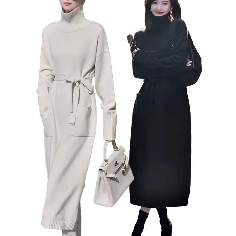 Pulls pour femmes personnalisés robe pull à manches longues en tricot épais avec manteau col roulé robes en tricot côtelé grand pull