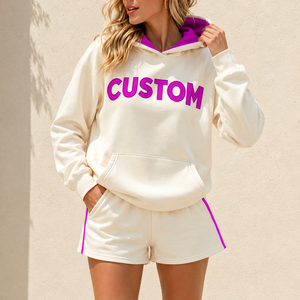Conjuntos de Ropa Deportiva de 2 Piezas Personalizables para Mujer, Sudadera con Apliques a Cuadros y Letras, Sudadera con Capucha y Ribete de Gingham y Pantalones Cortos, Ropa Deportiva Juvenil - Product Image 4