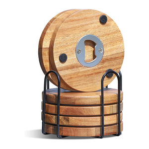 Ensemble d'ouvre-bouteilles en bois et de sous-verres ronds de bureau, tapis isolant thermique, style japonais, pour le thé de l'après-midi - Product Image 1