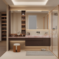 Meuble-lavabo flottant minimaliste en bois massif avec vasque en marbre et armoire miroir LED intelligente