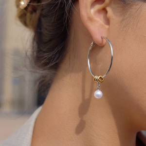 Boucles d'oreilles créoles bicolores en acier inoxydable plaqué or 18 carats, design géométrique, bijoux pour femme, cadeau, boucles d'oreilles pendantes tendance - Product Image 2