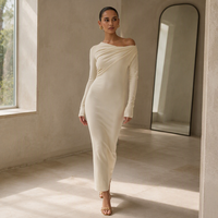 Robe blanche moulante à épaules dénudées, robe longue à manches longues, robe de soirée élégante pour l'été
