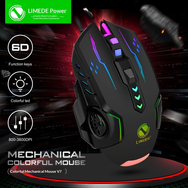 LIMEIDE V7 6D Wired Gaming Mouse 800-3600 DPI 4 Stage Adjustable Colorful Backlight Multimedia Side Keys for PC Laptop