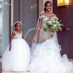 真实图片妈妈和女儿奢华水晶串珠非洲女性脱肩美人鱼婚纱褶边裙新款