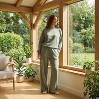 Ensemble de luxe personnalisé pour femme en coton biologique, 400g, grammage lourd, avec pull ample côtelé uni et pantalon large, OEM ODM
