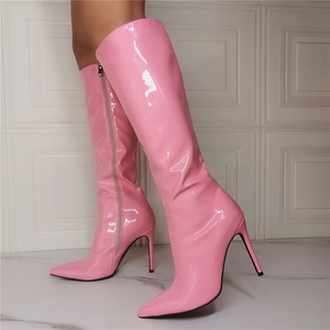 Pointy Toe Cute Women Boots Calf High Patent Leather High-heeled <b>Shoes</b> Long Knee Wide Leg Feet Size 14 - Product Image 1