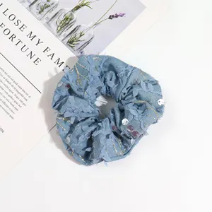 New Design Scrunchies Hair Ties Women Blue Sequin Custom Hair Scrunchie