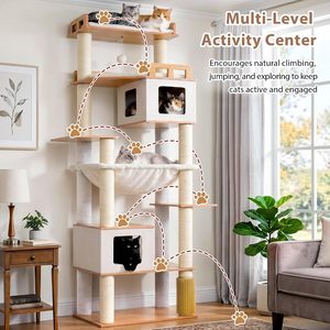 Arbre à chat moderne en bois avec plateformes multi-niveaux pour grands chats, arbre à chat en forme de fleur - Product Image 5