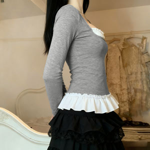 Sweet Style Peter Pan Collar Contrast <b>Patchwork</b> Square Neck Slim Fit Long Sleeve <b>Top</b> Waist-Cinching Pleated Ruffle Hem T-Shirt - Product Image 3