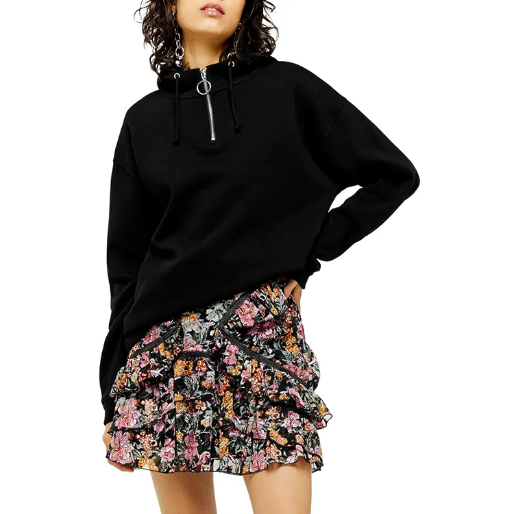 Women's Casual Loose Cotton Blended Sweatshirt Front Zipper Drop Shoulder Fashion Hoodie