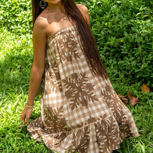 Robe mini sans bretelles à volants, imprimé hawaïen, fabriquée en usine, en lin et coton de haute qualité, robe de plage - Product Image 4