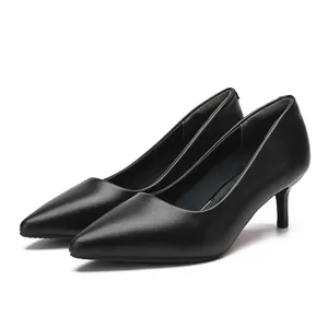 2023新款皮革黑色尖头细中跟古典风格简约橡胶鞋底女士办公鞋工作鞋