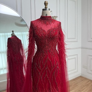 Gaun Malam Mewah Serene Hill LA71885C Turquoise Model Duyung 2026 Kerah Tinggi Berhias Manik-Manik Berat dengan Lengan Cape Berbulu untuk Acara Formal - Product Image 5