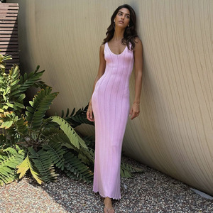 Vestido largo de punto sin mangas con cuello redondo y espalda descubierta, cintura natural, estilo casual para fiesta, transpirable, estilo veraniego. - Product Image 1
