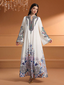 Khiêm tốn Muslim Trắng Maxi Dress đầy màu sắc thêu hoa in váy đa năng phong cách - Product Image 3