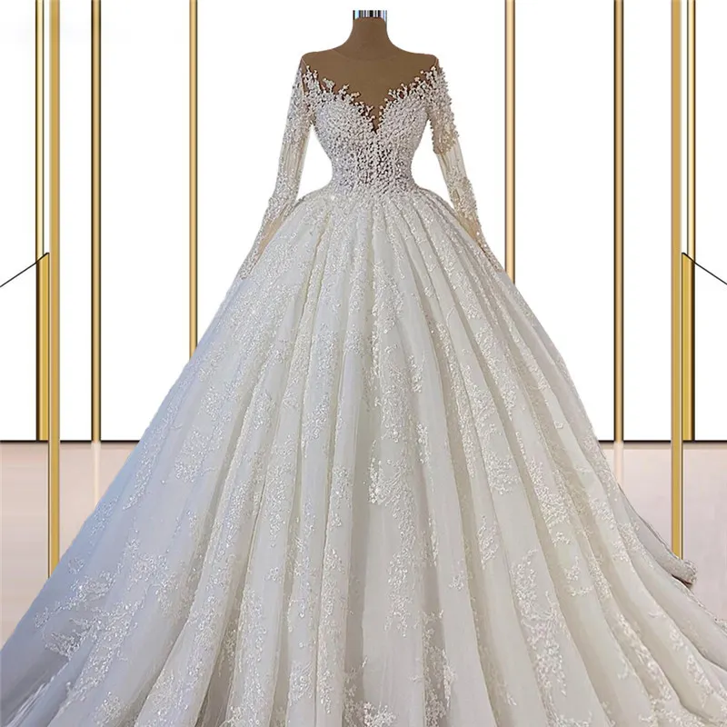 Muslimische Spitzen-Illusion Hochzeits kleider, lange Ärmel, Hochzeits kleid, Dubai, arabische Brautkleider, Übergröße Hochzeits kleider, 2022