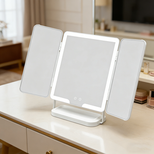 Miroir de maquillage LED multifonctionnel personnalisable à trois volets, miroir de bureau portable pliable à trois côtés avec variateur d'intensité - Product Image 1