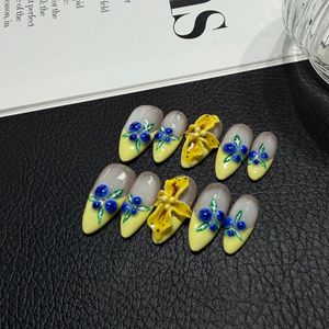 Uñas Postizas Hechas a Mano, Cortas, Almendradas, Diseño Veraniego 3D con Frutas y Jardín, Uñas de Gel Artesanales, Estética Floral Realista y Lujosa - Product Image 2