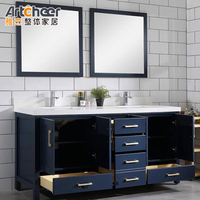 Meuble de salle de bain avec miroir, meuble-lavabo de salle de bain, couleur bleue, double vasque, bois massif