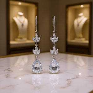Boucles d'oreilles pendantes en or blanc E1788 avec cristaux, pour femme, classiques, en forme de goutte d'eau, serties griffes, bijoux de mariage - Product Image 2