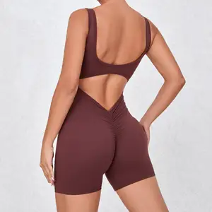 Damen S-XL solide Farben U-Rückseite hohle sexy Fitness Kompression-Spielzeiten 2024 individuelle einteilige zerknitterte Gesäß-Tänzer-Gebrauchsanzug