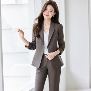 Women's Brown Business Suit Set Slim Fit Formal Workwear Anti-Wrinkle Wool <b>Blend</b> Commute Style Full Sleeve - Product Image 4
