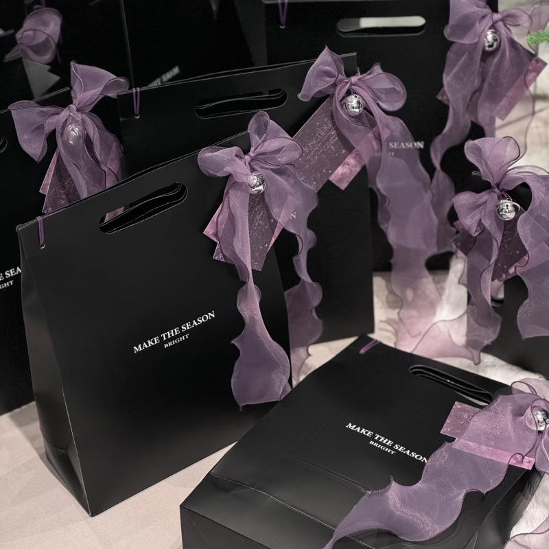 Handbag + Wide Ribbon + Bell + 2 Purple Cards