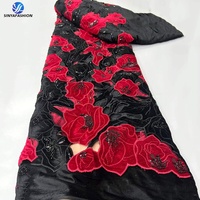Kain Aplikasi Beludru 3D Berkualitas Tinggi Sinya 5 Yard, Payet Manik-Manik, Berongga, Model Afrika Aso Ebi, untuk Gaun Pesta Pernikahan
