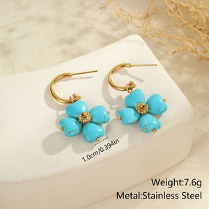 Boucles d'oreilles pendantes en acier inoxydable 316L plaqué or 14k 18k avec pierre turquoise pour femmes - Vente en gros de bijoux de mode - Product Image 6