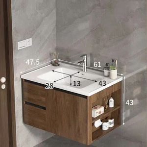 Commercial Mid Century Walnut Bathroom Vanity Cabinet Hotel Project Ceramic Sink Anti-fog Smart Mirror Combination - Product Image 2