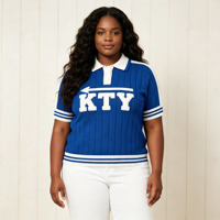 Nouvel Arrivage Pull Polo Femme Grande Taille en Maille Côtelée Raglan, Style Sportif Rétro, à Rayures sur les Poignets et le Bas, pour Soirée Sororité, Décontracté