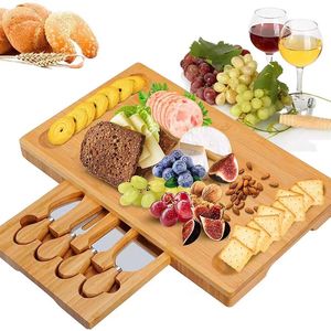 Bamboo <b>Cheese</b> Board <b>Set</b> With <b>Knives</b> Rectangular Wooden Serving Tray For Kitchen Party Snacks - Product Image 3