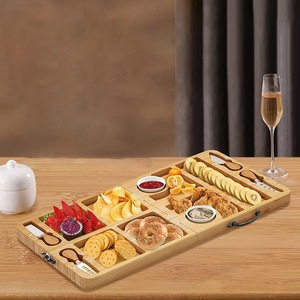 Bamboo <b>Cheese</b> Board <b>Set</b> With <b>Knife</b> Fork Compartments Dried Fruit Box Snack Platter Portable Food Serving Tray - Product Image 2