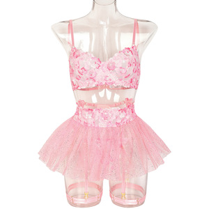 Ensemble de lingerie 3 pièces vert menthe 2026 en dentelle florale avec jupe tutu en tulle scintillant <span class=keywords><strong>et</strong></span> <span class=keywords><strong>porte</strong></span>-jarretelles - Product Image 6