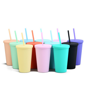 Double Wall Plastic Tumblers 16oz Custom Logo Plastic Tumbler BPA Free Water Bottle With Straw