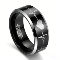 Anillo de boda de carburo de tungsteno de 8 mm al por mayor con grabado de electrocardiograma (ECG) de latido de corazón, negro y plateado, con borde biselado