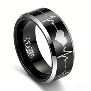 Anillo de boda de carburo de tungsteno de 8 mm al por mayor con grabado de electrocardiograma (ECG) de latido de corazón, negro y plateado, con borde biselado - Product Image 2