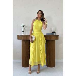 Vestido de Noche de Tul Amarillo Tejido a Crochet al por Mayor, Tallas XS a XL, Cuello Redondo con Volantes en la Parte Delantera, Cintura Imperio para Fiestas - Product Image 4