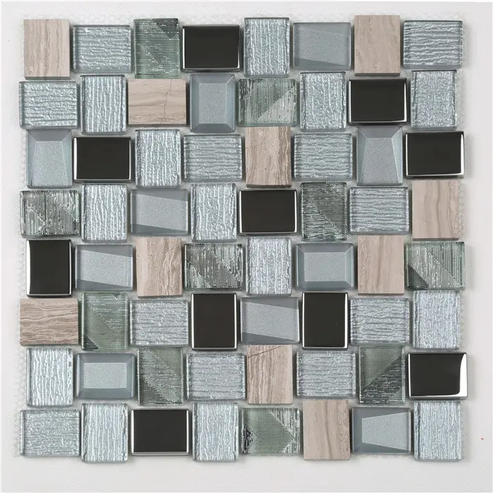 Square edging glass mix stone and metal mosaic tiles back splash for kitchen or bathroom wall