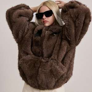 여성을 위한 사용자 정의 유행 겉옷 겨울 다크 브라운 하이 퀄리티 인조 모피 코트 - Product Image 2