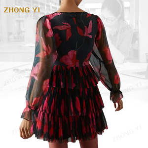 Customizzazione dei produttori di abbigliamento di lusso Premium da donna <span class=keywords><strong>con</strong></span> collo quadrato maniche lunghe svasate a strati floreale in <span class=keywords><strong>Tulle</strong></span> abito <span class=keywords><strong>corto</strong></span> causale - Product Image 3