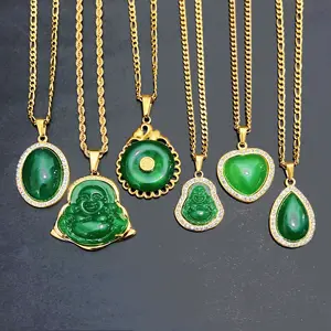 Green Jade Lucky Amulet Buddha Necklace Stainless Steel Crystal Laughing Religious Maitreya Carved Jade Buddha Pendant Necklace