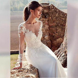 Lace Wedding Dress With French Applique Deep V-Neck Long <b>Sleeve</b> A-Line White Ivory <b>Bridal</b> Gown Natural Waistline Zipper Closure - Product Image 2