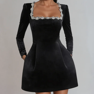 Venta al por mayor directa de fábrica: Minifalda de terciopelo con pedrería, estilo Hepburn, cuello redondo, informal. Fabricante. - Product Image 1