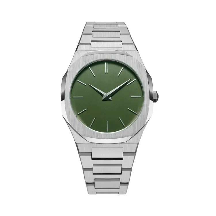 40mm high quality custom logo watches men wrist luxury stainless steel quartz movt silver green watch