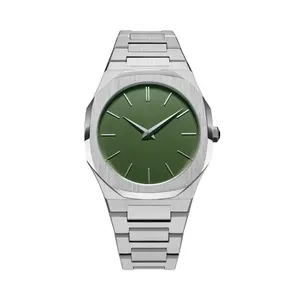 40mm high quality custom logo watches men wrist luxury stainless steel quartz movt silver green watch