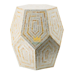 Mesa de Centro Hexagonal Azul Madreperla, Decorativa en Blanco y Amarillo, Multifuncional, de Lujo, Moderna, para Sala de Estar - Product Image 1