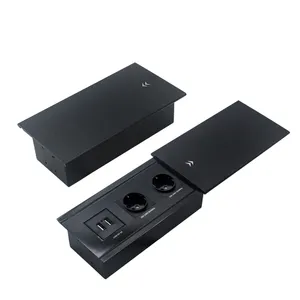 EU Standard Aluminum Recessed Hidden Desktop Outlet Tabletop Multimedia Power Office Furniture Sliding Cover Table Socket