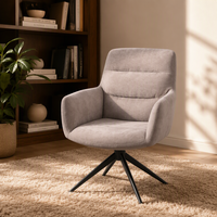 Fauteuil moderne à dossier haut en tissu gris foncé avec base pivotante à 4 pieds en métal noir pour salon, cuisine, salle à manger